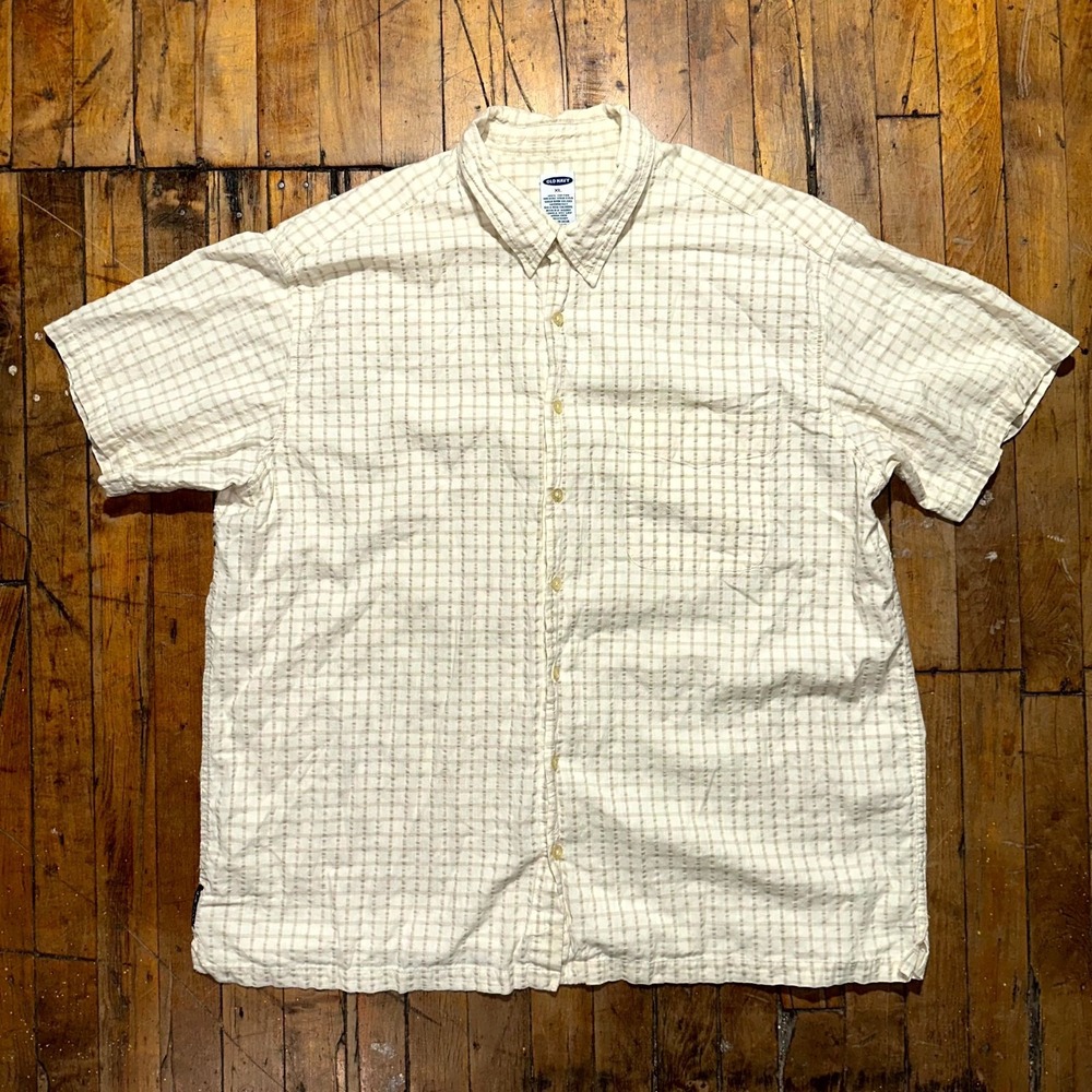 Old Navy Shirt Men's XL Beige Checkered Short Sleeve Chest Pocket Button Down